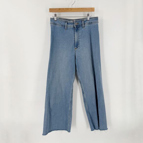 Zara Marine Straight Wide Leg Jeans Light Wash Raw Hem Denim Pants USA 8 - Picture 1 of 9